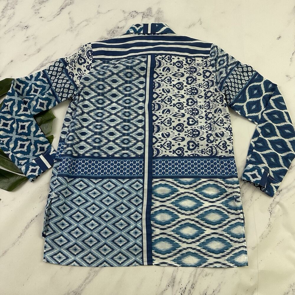 Vilagallo Womens Button Up Top Size 40 M Blue Ikat Stripe Mixed Print Light - Picture 9 of 13